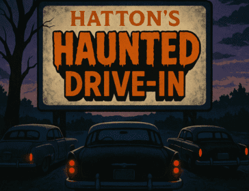 cartoon of a driven in spooky cinema with the words Hatton in Warwickshire's haunted drive-in.